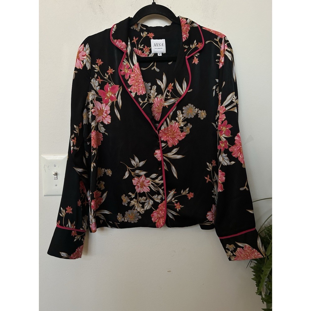 MISA Los Angeles Black Floral Satin Pajama Top M